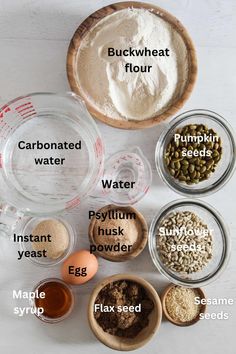 ingredients to make buckwheat flour laid out in bowls