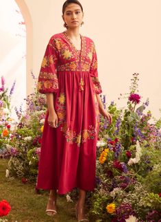 Fuchsia embroidered midi dress Cowl Dress, Fuchsia Dress, Gathered Dress, Embroidered Midi Dress, Color Fuchsia, Pattern Embroidery, Indian Fashion Designers, Todays Outfit, Floral Motifs