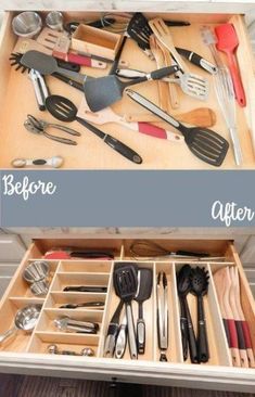 an open drawer with utensils and spoons in it, before and after