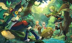 some anime characters are standing in the woods