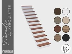 a set of stairs with wooden steps and different color options for each stair, including the top