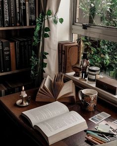 an open book sitting on top of a wooden desk next to a candle and bookshelf