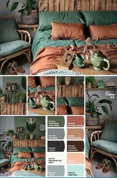 a collage of photos showing the interior of a bedroom with green and brown colors