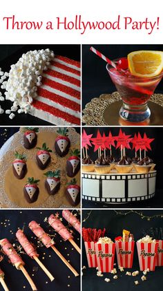 a collage of photos with different desserts and candy on them that include strawberries, orange slices, popcorn, cake pops, and an american flag