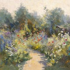 an oil painting of a garden path with flowers and trees in the background, by artist susan grisby