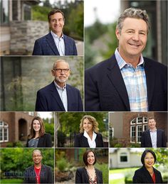 a collage of people in business suits and ties smiling at the camera, standing outside