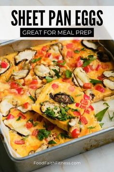 an egg casserole in a pan with text overlay that reads sheet pan eggs great for meal prep