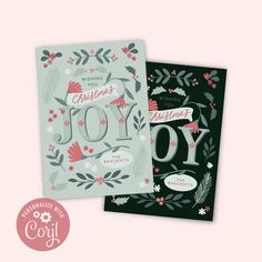 two christmas cards with the word joy on them