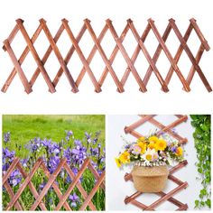 four different types of wooden fences with flowers in the middle and one on the other side