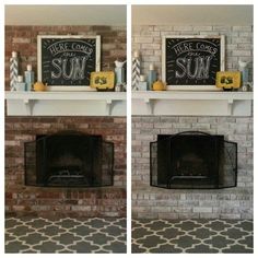 two pictures of a brick fireplace with chalkboard signs above it and below the fire place