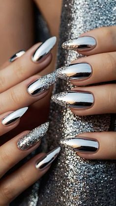 Dark Silver Nails, Silver Nails Designs, Gunmetal Nails, Mexico Nails, Prom Nail Designs, Prom Nails Silver, Hoco Nails, Gucci Nails, Silver Nail Designs