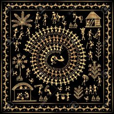 an ancient painting depicting people and animals in gold on black background stock photo - 12297