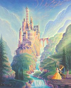 a painting of a castle with a princess and prince on it