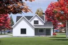 this is an artist's rendering of a small house in the woods with red trees