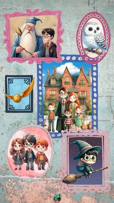 a collage of harry potter pictures on a wall