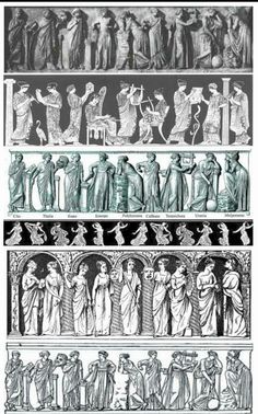 four different types of ancient greek art, each with an image of women and men