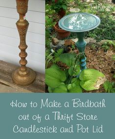 a birdbath sitting on top of a wooden stand next to plants and potted plants