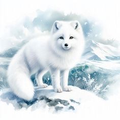 a white fox standing on top of a snow covered hill