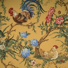 a wallpaper with roosters and flowers on yellow background, in the style of chino