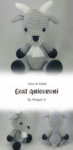 an amigurmi stuffed animal is shown in three different poses with the title how to make goat amirum written below