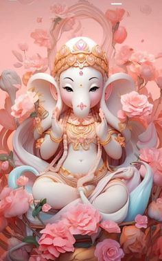 an elephant statue sitting on top of a flower covered ground with pink flowers around it