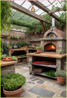 Outdoor Wood Oven, Outdoor Kitchen With Fireplace Rustic, Garden Pizza Oven Area, Kitchen In Greenhouse, Outdoor Kitchen Greenhouse, Brick Outdoor Kitchen Ideas, Greenhouse With Kitchen, Kitchen With Greenhouse, Greenhouse Kitchen Ideas