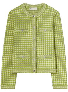 mint green/white patterned jacquard knitted construction interwoven design round neck front button fastening three-quarter length sleeves two faux pockets at the chest two front button-fastening jetted pockets straight hem Collage Elements, Fashion Collage, Jacquard Knit, Emilio Pucci, Green Sweater, Cozy Knits, Green Jacket, Womens Fall, Knitwear Women