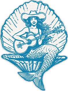 a blue and white drawing of a mermaid with a guitar