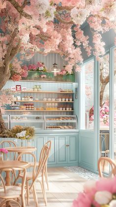 the interior of a bakery with pastel colors and cherry blossom trees in blooming