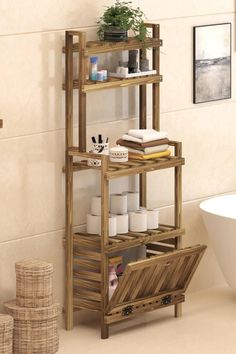 a bathroom with a bathtub and shelves in it