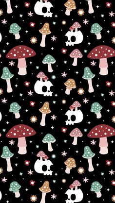 a black background with mushrooms and skulls