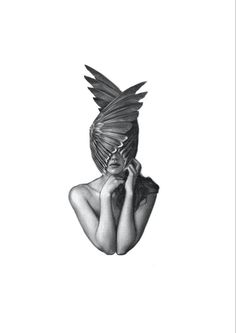 a black and white drawing of a woman with wings on her head, covering her face