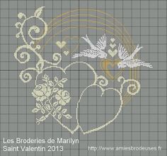 a cross stitch pattern with birds and flowers in the shape of hearts on a gray background