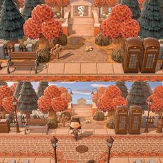 two screens showing the same scene in different locations, one with trees and another with flowers