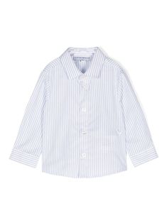 blue/white cotton poplin texture vertical stripe print embroidered logo to the front classic collar front button fastening long sleeves buttoned cuffs curved hem Armani Kids, Dress With Jean Jacket, Dolce And Gabbana Kids, Kids Logo, Suits Coats, Shirt White, Stripe Print, Jeans Dress, Swimwear Tops