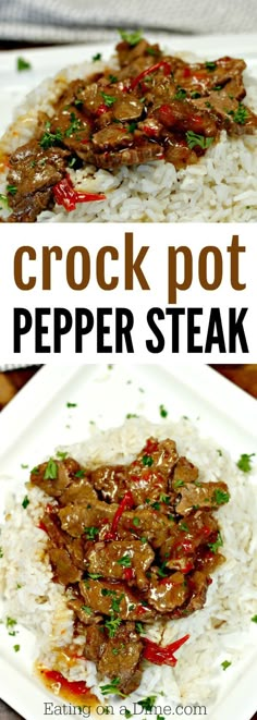 crock pot pepper steak on top of white rice