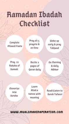 the ramaan ibadah checklist is shown in pink and white with circles around it