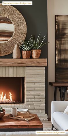 a living room filled with furniture and a fire place in front of a wall mounted mirror