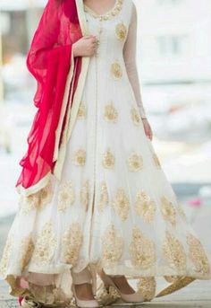 Red Dupatta, Party Wear Frocks, White Frock, Long Anarkali, Ashley Brooke, Indian Couture, Anarkali Dress