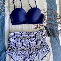 Brand New Cupshe Retro High-Waisted Bikini. Navy And White Patterned. Size Medium. Blue Swimwear With Wide Waistband For Pool, Blue Swimwear With Wide Waistband For Summer, Blue Fitted Swimwear With Wide Waistband, Fitted Blue Swimwear With Wide Waistband, Hipster Prints, Strappy Bathing Suit, Cupshe Bikinis, White Patterns, Navy And White