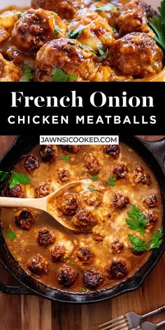 chicken meatballs in a skillet with parsley on top and the title overlay reads french onion chicken meatballs