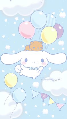 an animal with balloons floating in the sky