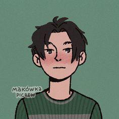 a drawing of a young man with black hair and green shirt looking at the camera