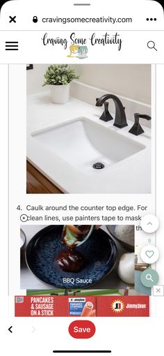 an image of a bathroom sink with the caption saying, creative home creativity 4 cents around the counter top edge for clean lines, use painters tape to mask