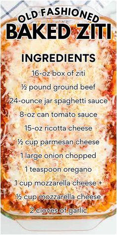 an old fashioned baked ziti ingredients list