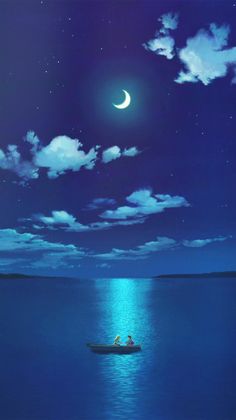 two people in a small boat floating on the water under a crescent moon and blue sky