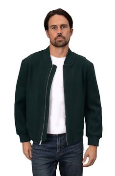 Switch from season to season in this versatile bomber jacket that's made from woolly fabric and completed by a classic ribbed trim. Front zip closure Ribbed cuffs and hem Front pockets Unlined 100% polyester Dry clean Imported Men's Knit, Mens Outerwear, Outerwear Jackets, Forest Green, Really Cool Stuff, Bomber Jacket, Top Brands, Coats Jackets, Buy Online