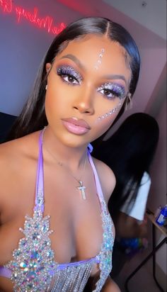 Makeup Ideas For Gender Reveal, Carnival Makeup Black Women, Purple Carnival Makeup, Freaknik Makeup Looks, Purple Birthday Makeup, Gender Reveal Makeup Ideas Black Women, Bling Makeup Looks, Diamond Makeup Looks Black Women, Purple Makeup Looks For Black Women