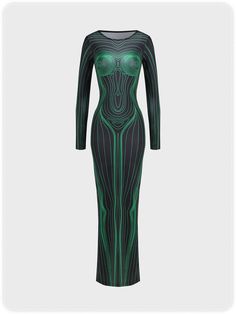 Body Print Crew Neck Long Sleeve Maxi Dress | kollyy Green And Black Outfits For Women, Slay Dresses, Fashionably Late, Elegant Party Dresses, Long Midi Dress, Sleeve Maxi Dress, Maxi Knit Dress, Maxi Dress Green, Long Sleeve Maxi