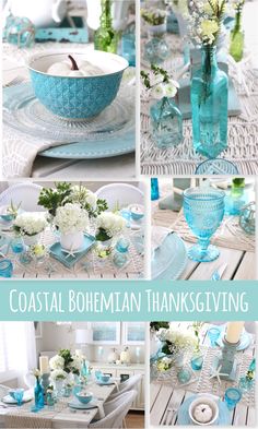 collage of coastal bohemian thanksgiving tablescapes with blue and white flowers in vases